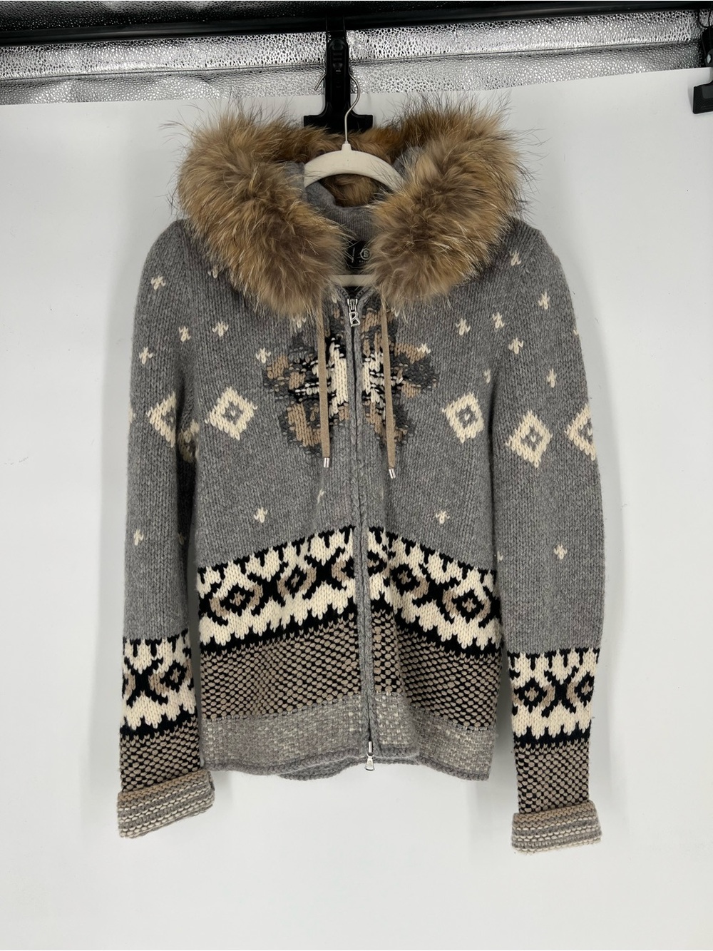 Bogner Gray Wool Intarsia Star Knit Fur-Trim Hood Designer Zip Cardigan Sweater
